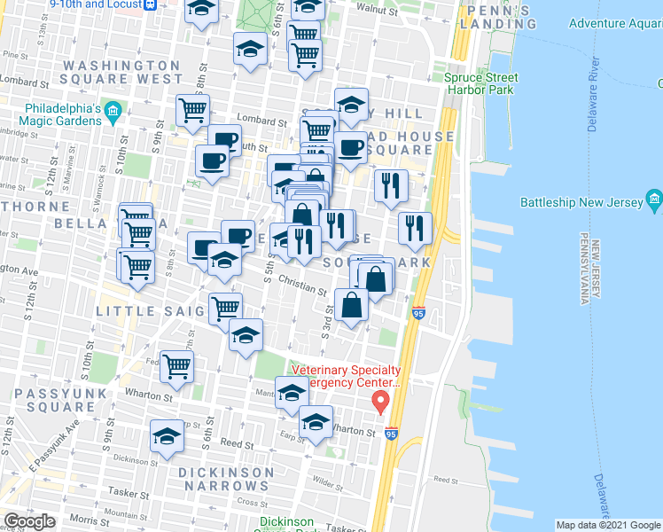map of restaurants, bars, coffee shops, grocery stores, and more near 814 South 3rd Street in Philadelphia