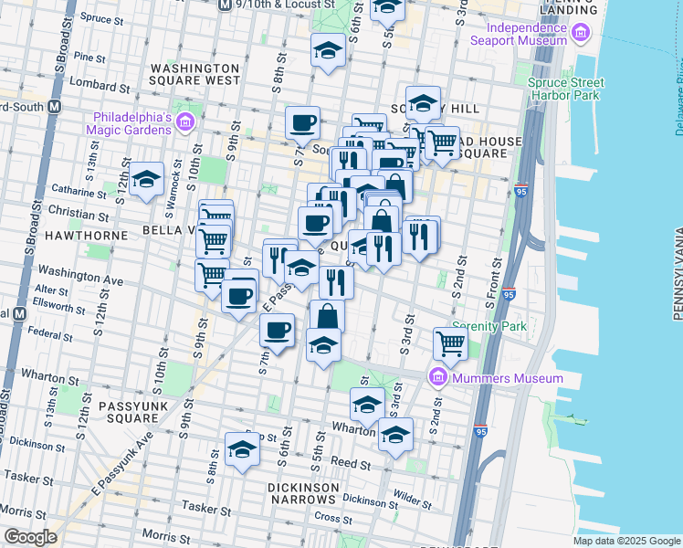 map of restaurants, bars, coffee shops, grocery stores, and more near 441 Christian Street in Philadelphia