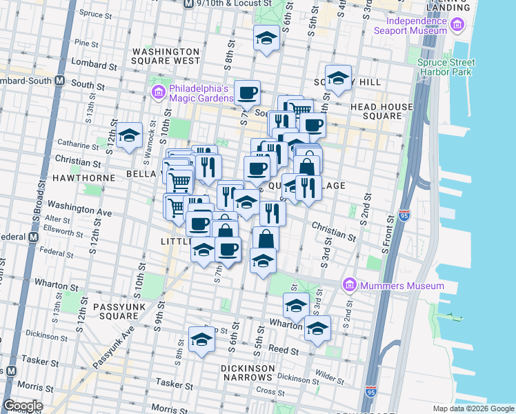 map of restaurants, bars, coffee shops, grocery stores, and more near 536 Christian Street in Philadelphia