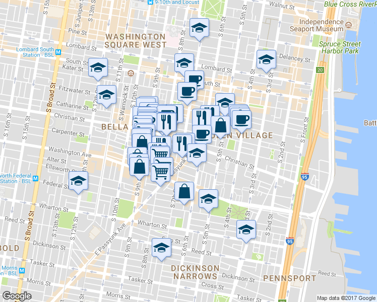 map of restaurants, bars, coffee shops, grocery stores, and more near in Philadelphia