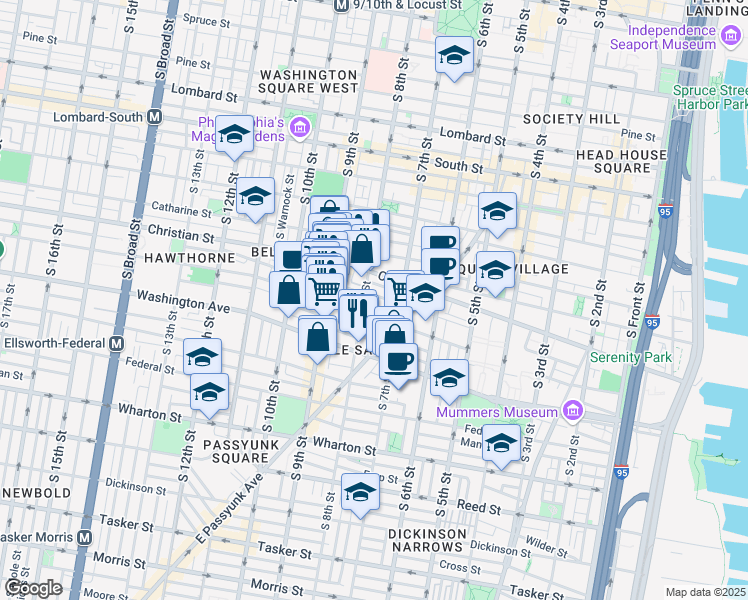 map of restaurants, bars, coffee shops, grocery stores, and more near 718 Hall Street in Philadelphia