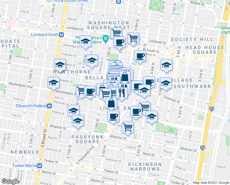 map of restaurants, bars, coffee shops, grocery stores, and more near 825 Carpenter Street in Philadelphia