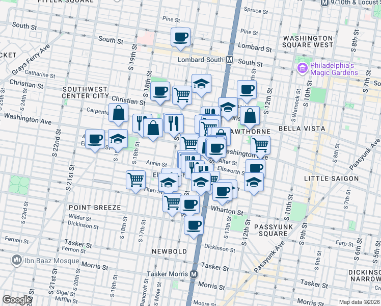 map of restaurants, bars, coffee shops, grocery stores, and more near 1518 Alter Street in Philadelphia