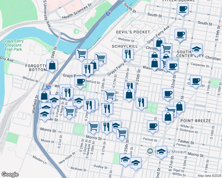map of restaurants, bars, coffee shops, grocery stores, and more near in Philadelphia