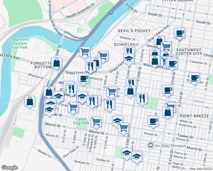 map of restaurants, bars, coffee shops, grocery stores, and more near 1266 South 28th Street in Philadelphia