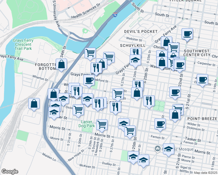 map of restaurants, bars, coffee shops, grocery stores, and more near 1266 South 28th Street in Philadelphia