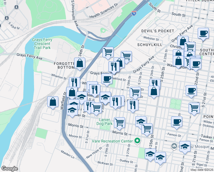 map of restaurants, bars, coffee shops, grocery stores, and more near 2942 Wharton Street in Philadelphia