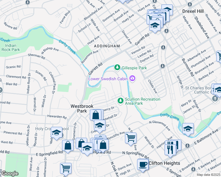 map of restaurants, bars, coffee shops, grocery stores, and more near 539 Seven Oaks Drive in Clifton Heights