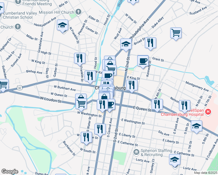 map of restaurants, bars, coffee shops, grocery stores, and more near in Chambersburg