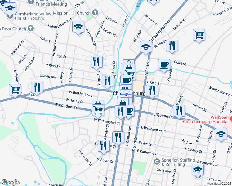 map of restaurants, bars, coffee shops, grocery stores, and more near 54 Lincoln Way West in Chambersburg