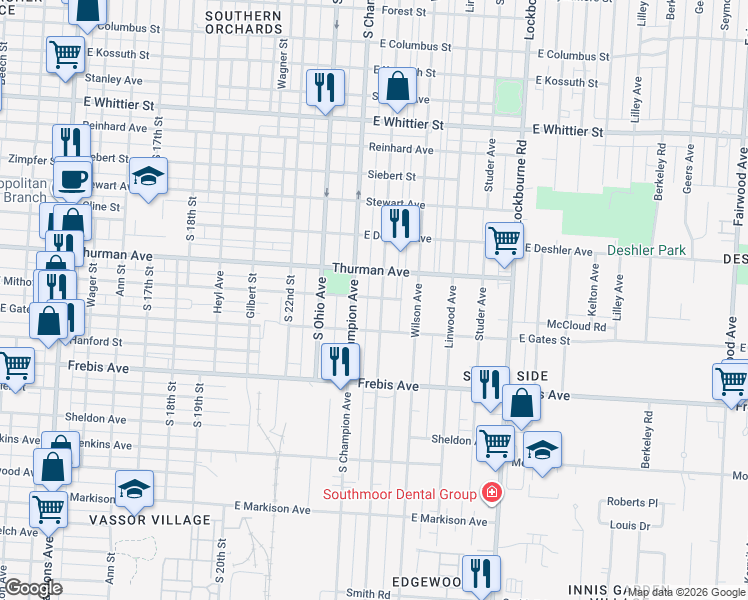 map of restaurants, bars, coffee shops, grocery stores, and more near 1348 Oakwood Avenue in Columbus