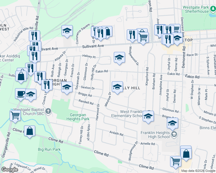 map of restaurants, bars, coffee shops, grocery stores, and more near 776 Harwood Drive in Columbus