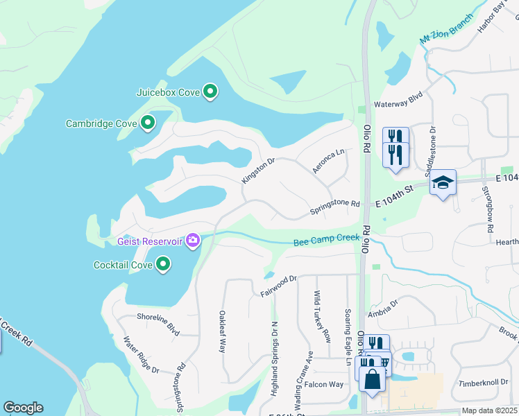 map of restaurants, bars, coffee shops, grocery stores, and more near 10226 Springstone Road in McCordsville