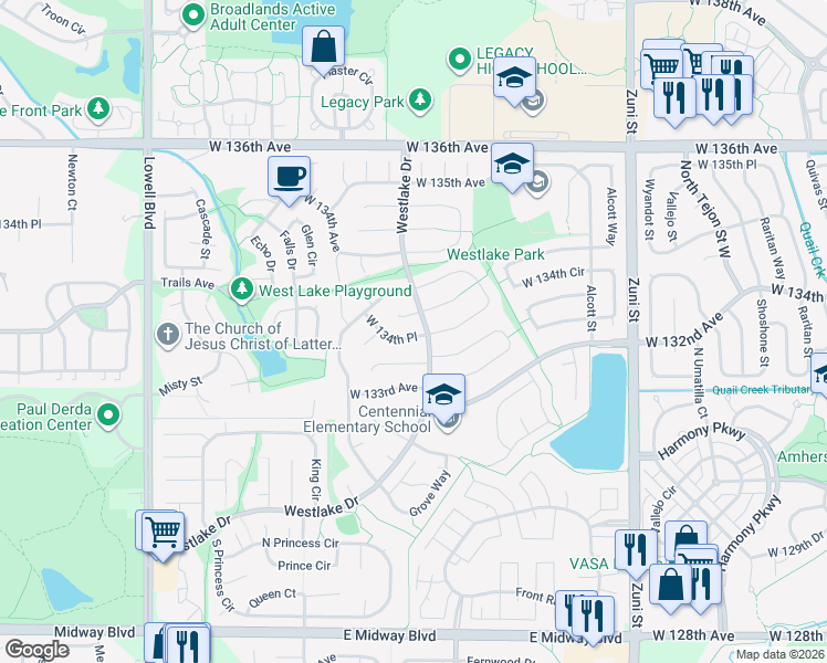 map of restaurants, bars, coffee shops, grocery stores, and more near 3119 West 134th Place in Broomfield