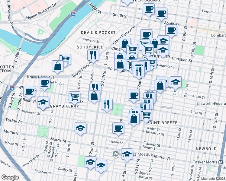 map of restaurants, bars, coffee shops, grocery stores, and more near 2433 Oakford Street in Philadelphia