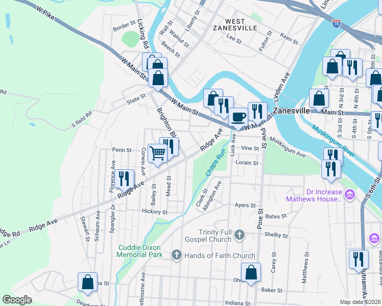 map of restaurants, bars, coffee shops, grocery stores, and more near 1225 Ridge Avenue in Zanesville