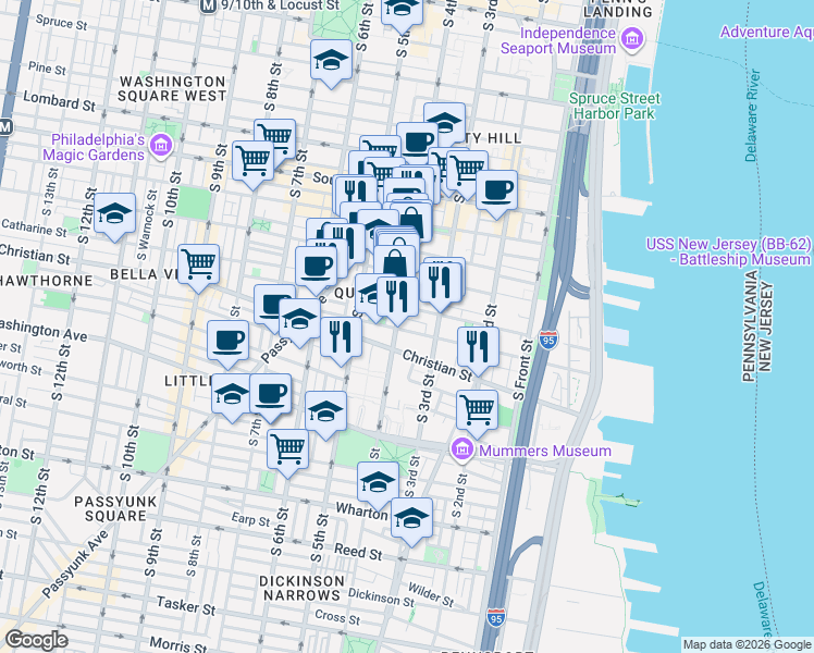 map of restaurants, bars, coffee shops, grocery stores, and more near 342 Queen Street in Philadelphia
