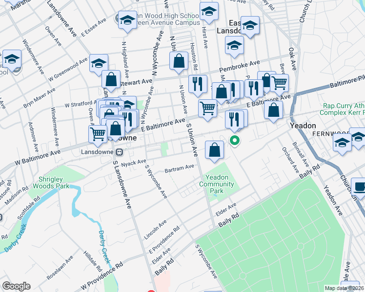 map of restaurants, bars, coffee shops, grocery stores, and more near in East Lansdowne