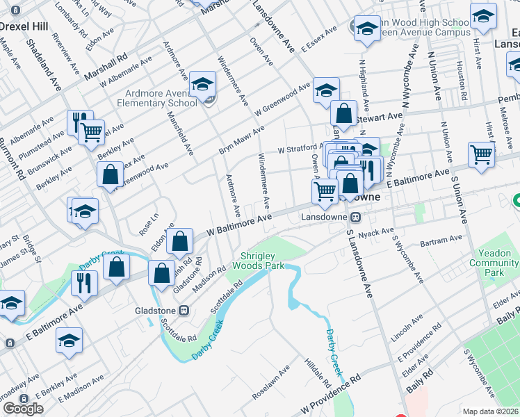 map of restaurants, bars, coffee shops, grocery stores, and more near 1 West Baltimore Avenue in Lansdowne