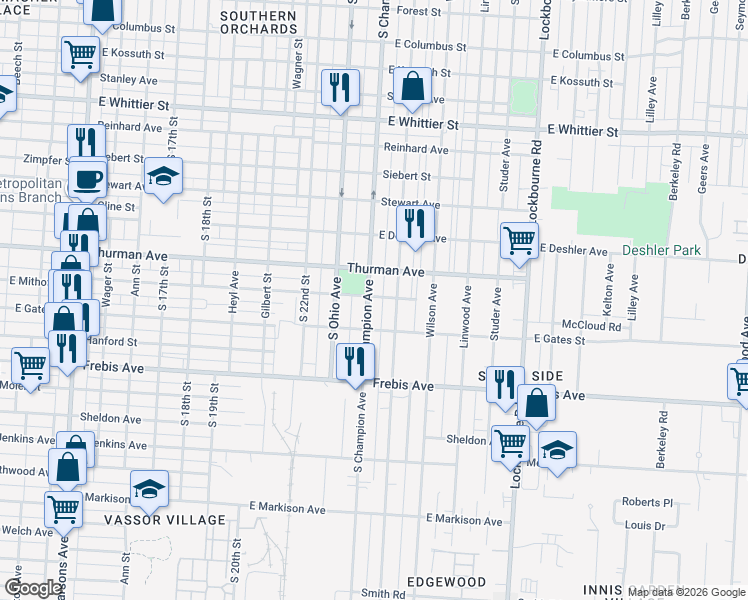 map of restaurants, bars, coffee shops, grocery stores, and more near in Columbus