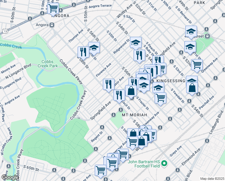 map of restaurants, bars, coffee shops, grocery stores, and more near 5743 Belmar Terrace in Philadelphia