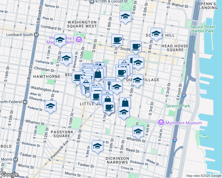 map of restaurants, bars, coffee shops, grocery stores, and more near 915 South 7th Street in Philadelphia