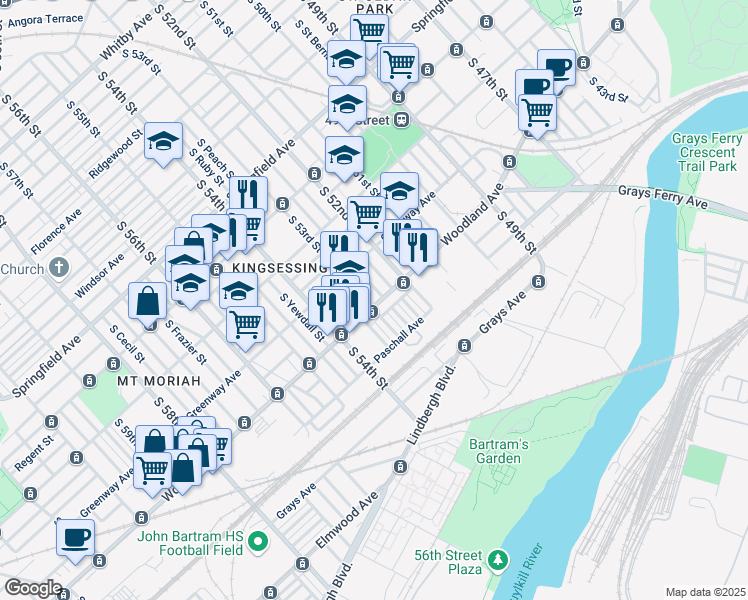 map of restaurants, bars, coffee shops, grocery stores, and more near 5235 Woodland Avenue in Philadelphia