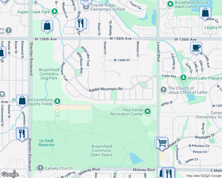 map of restaurants, bars, coffee shops, grocery stores, and more near Rabbit Mountain Road in Broomfield
