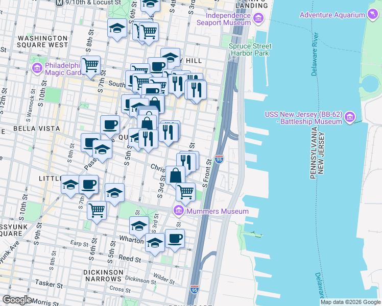 map of restaurants, bars, coffee shops, grocery stores, and more near S 2nd St & Catharine St in Philadelphia