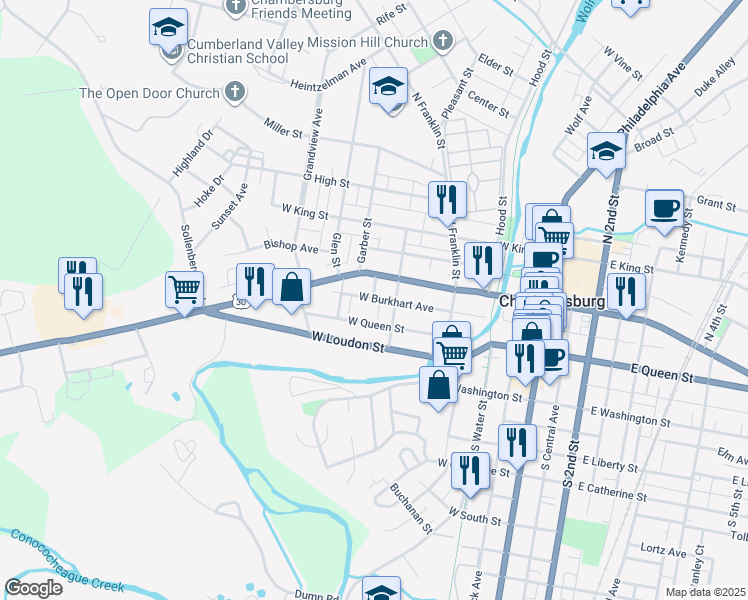 map of restaurants, bars, coffee shops, grocery stores, and more near 344 West Burkhart Avenue in Chambersburg