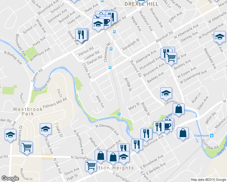 map of restaurants, bars, coffee shops, grocery stores, and more near 249 Cheswold Rd in Drexel Hill