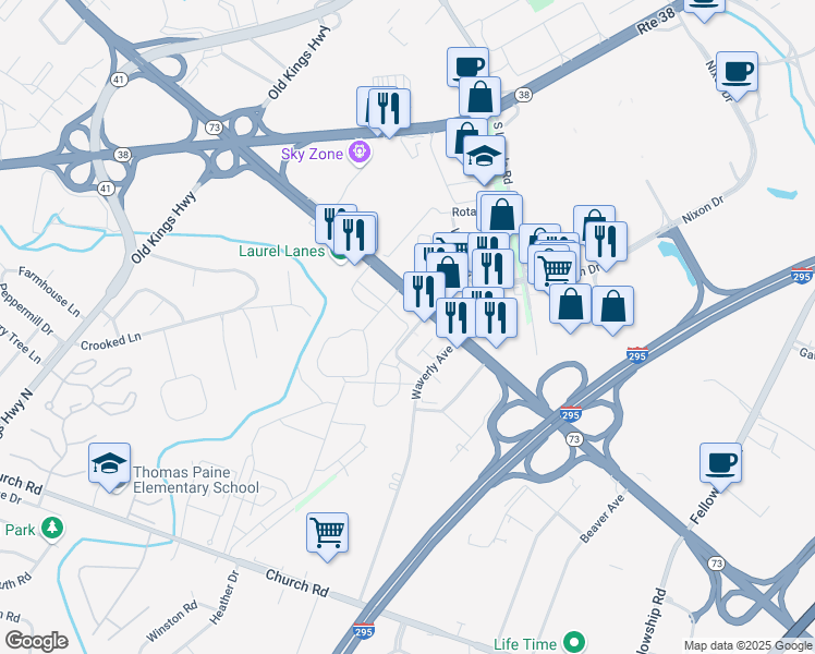 map of restaurants, bars, coffee shops, grocery stores, and more near 38 Village of Stoney Run in Maple Shade Township