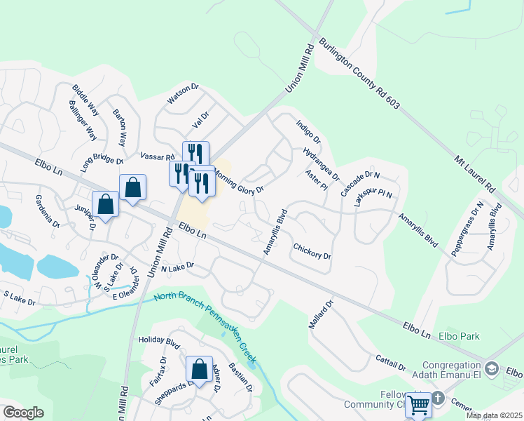 map of restaurants, bars, coffee shops, grocery stores, and more near 3101 Sweetleaf Terrace in Mount Laurel Township