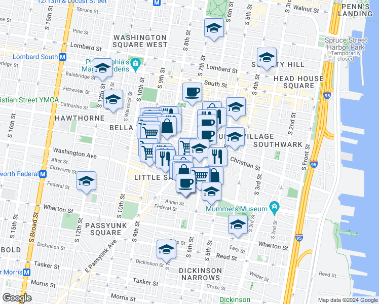 map of restaurants, bars, coffee shops, grocery stores, and more near 915 South 7th Street in Philadelphia