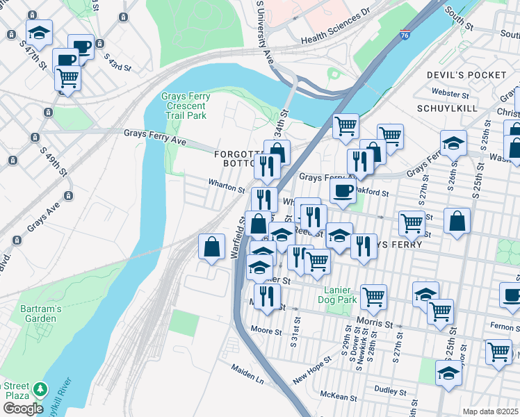 map of restaurants, bars, coffee shops, grocery stores, and more near 1325 South 34th Street in Philadelphia
