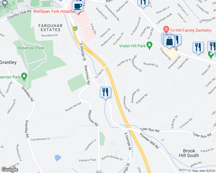 map of restaurants, bars, coffee shops, grocery stores, and more near 1442 South Duke Street in York