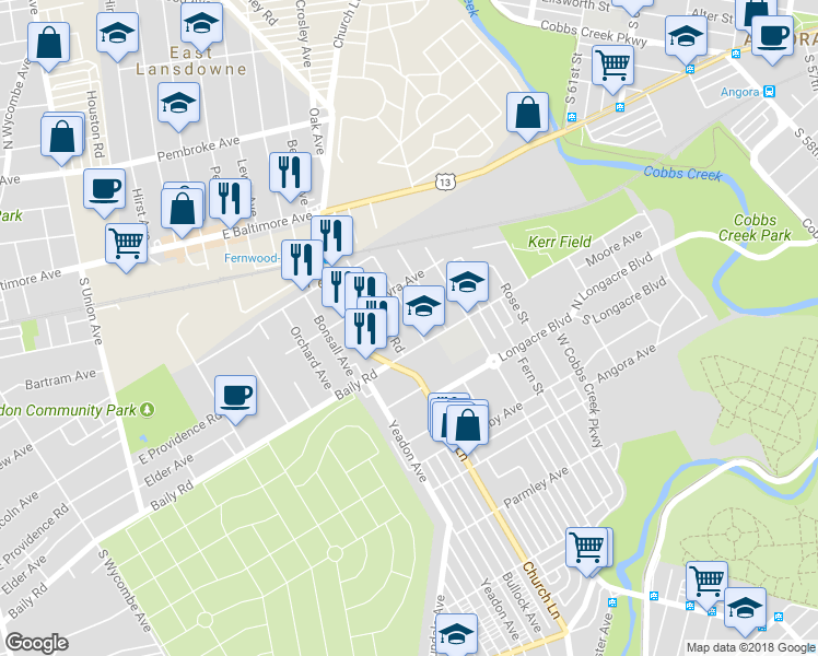 map of restaurants, bars, coffee shops, grocery stores, and more near 532 Laurel Road in Yeadon