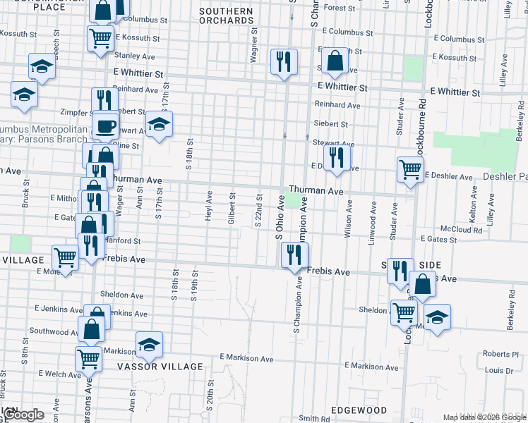map of restaurants, bars, coffee shops, grocery stores, and more near 835 East Mithoff Street in Columbus