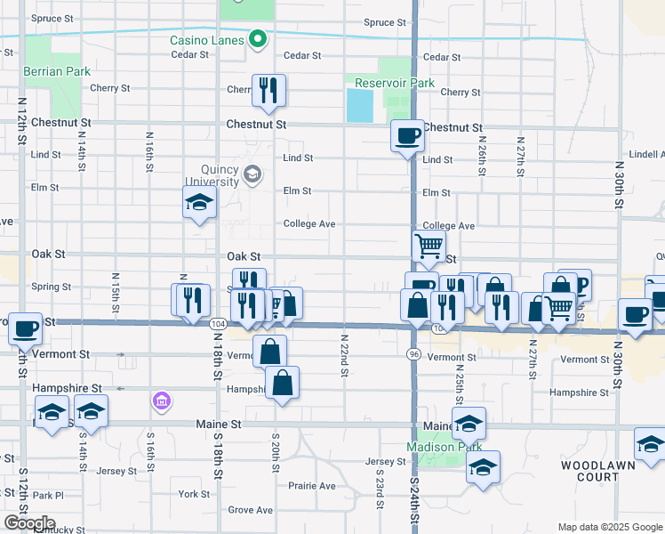 map of restaurants, bars, coffee shops, grocery stores, and more near 2076 Oak St in Quincy
