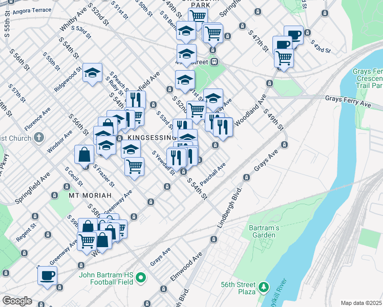 map of restaurants, bars, coffee shops, grocery stores, and more near 1630 South 53rd Street in Philadelphia