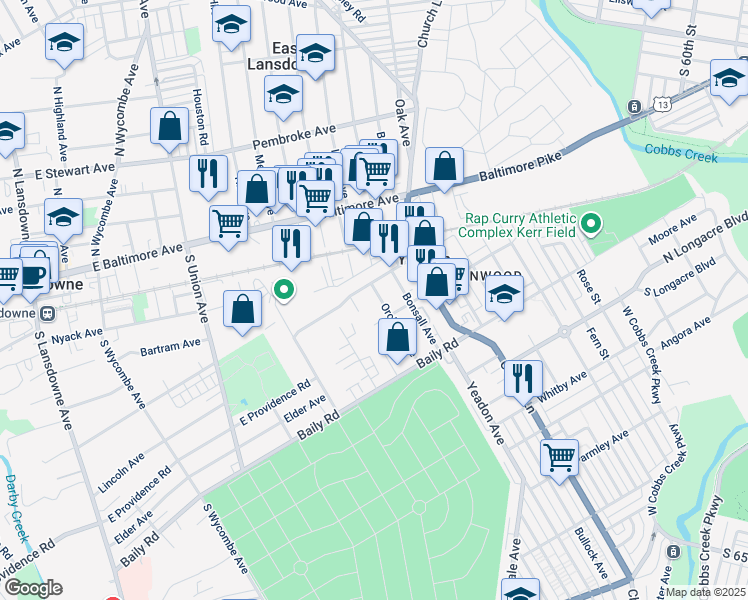 map of restaurants, bars, coffee shops, grocery stores, and more near 428 Orchard Avenue in Yeadon