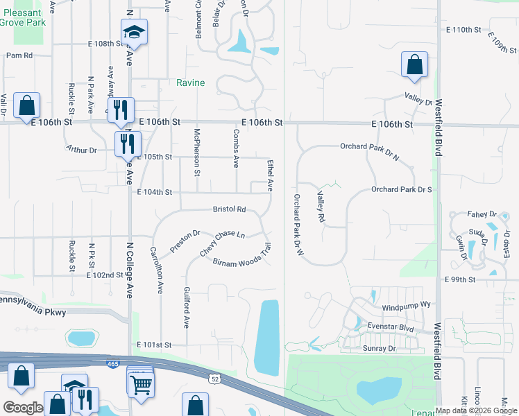 map of restaurants, bars, coffee shops, grocery stores, and more near 1114 Bristol Road in Indianapolis