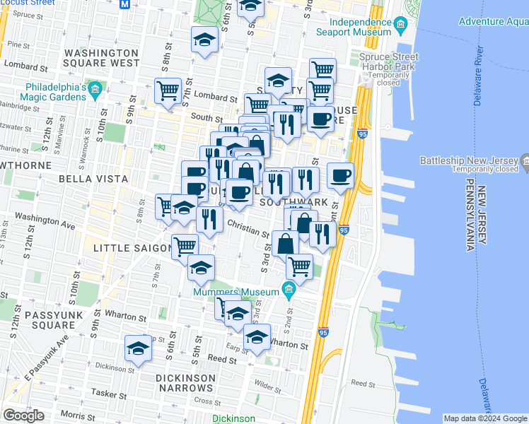 map of restaurants, bars, coffee shops, grocery stores, and more near 304 Kauffman Street in Philadelphia