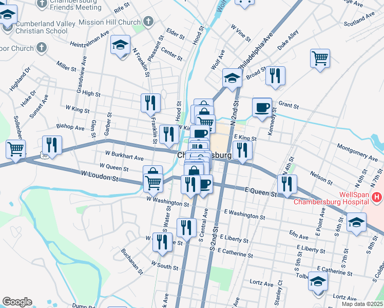 map of restaurants, bars, coffee shops, grocery stores, and more near 54 Lincoln Way W in Chambersburg