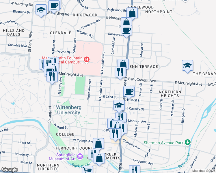 map of restaurants, bars, coffee shops, grocery stores, and more near 1101 Garfield Avenue in Springfield