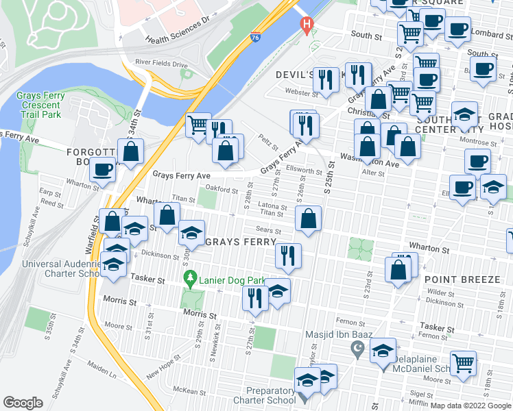 map of restaurants, bars, coffee shops, grocery stores, and more near 2734 Latona Street in Philadelphia