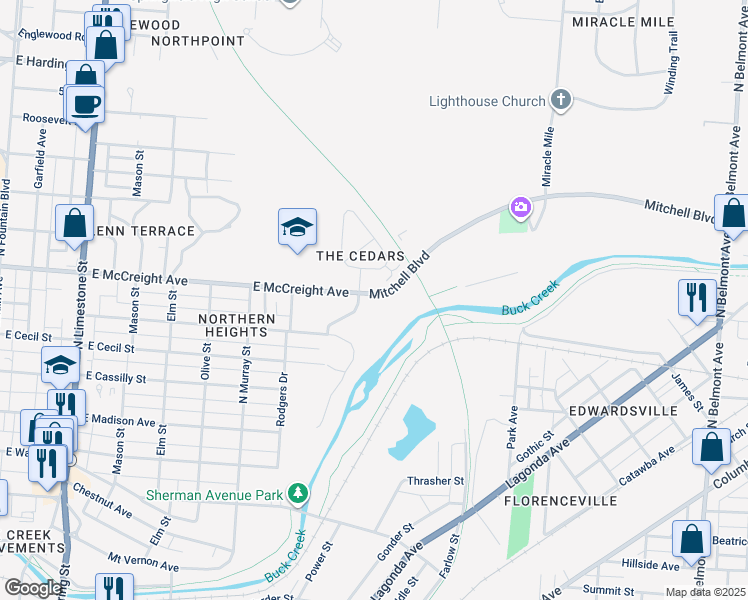 map of restaurants, bars, coffee shops, grocery stores, and more near 913 Mitchell Boulevard in Springfield