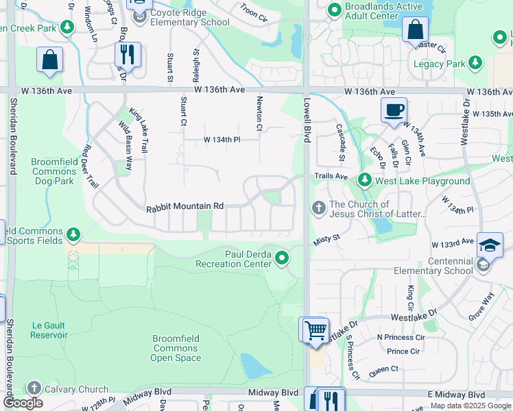 map of restaurants, bars, coffee shops, grocery stores, and more near 3842 Rabbit Mountain Road in Broomfield