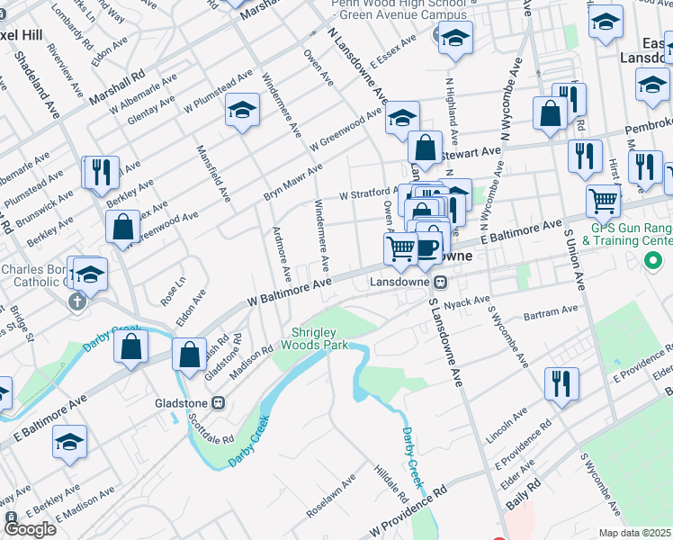 map of restaurants, bars, coffee shops, grocery stores, and more near 9 Windermere Avenue in Lansdowne