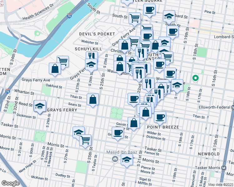 map of restaurants, bars, coffee shops, grocery stores, and more near 1226 South Bucknell Street in Philadelphia